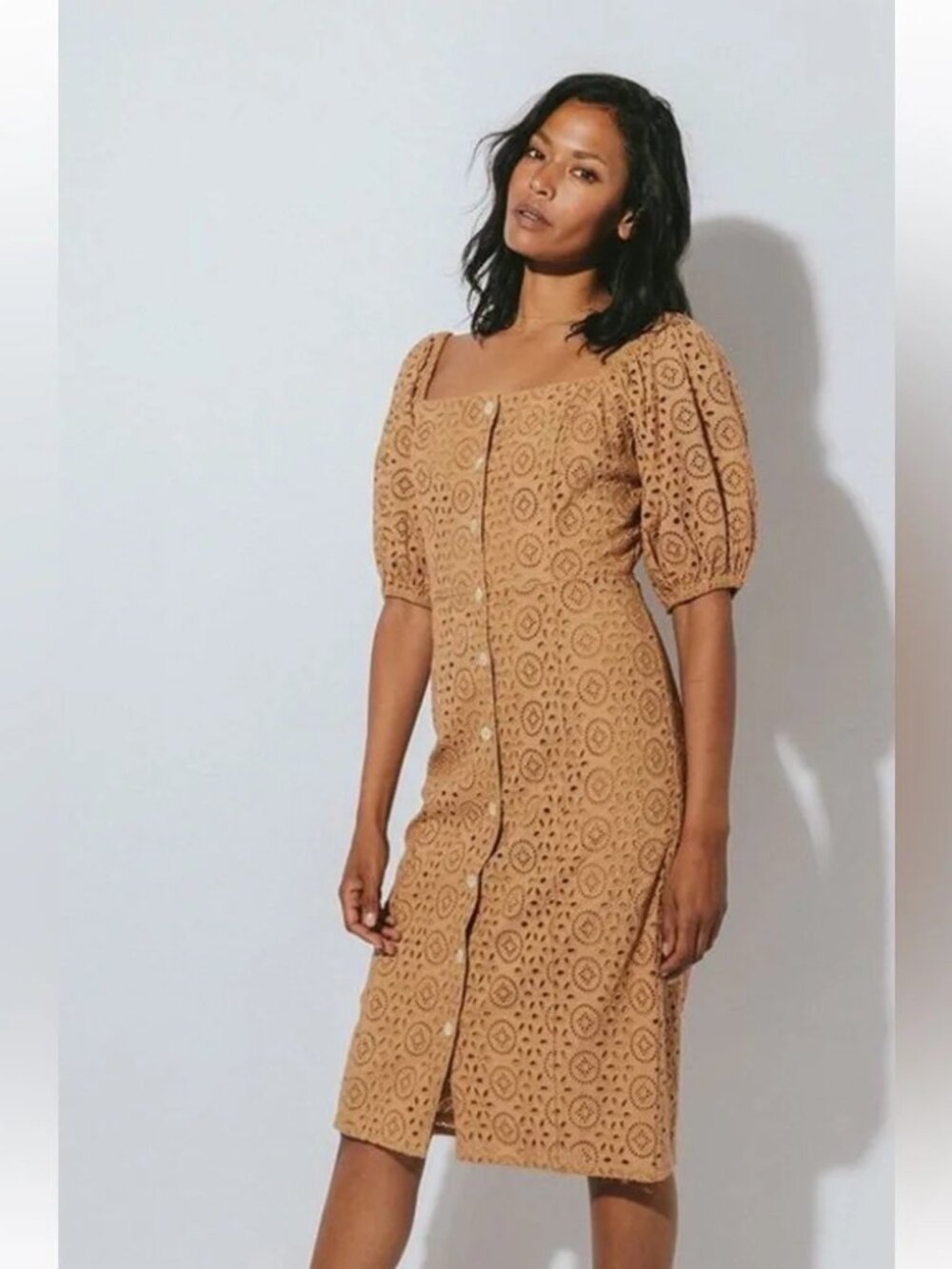 Cleobella Revolve Demi Midi Eyelet Dress Button Front Organic Cotton Wheat L